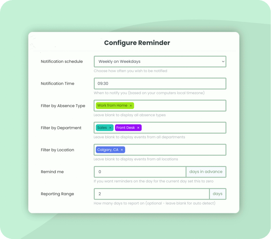 PTO/Absence/Leave Reminders and notifications configuration options