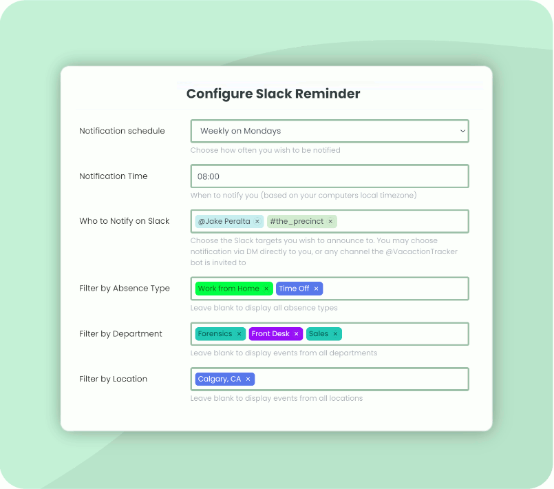 Slack PTO/Absence/Leave Reminders and notifications configuration options